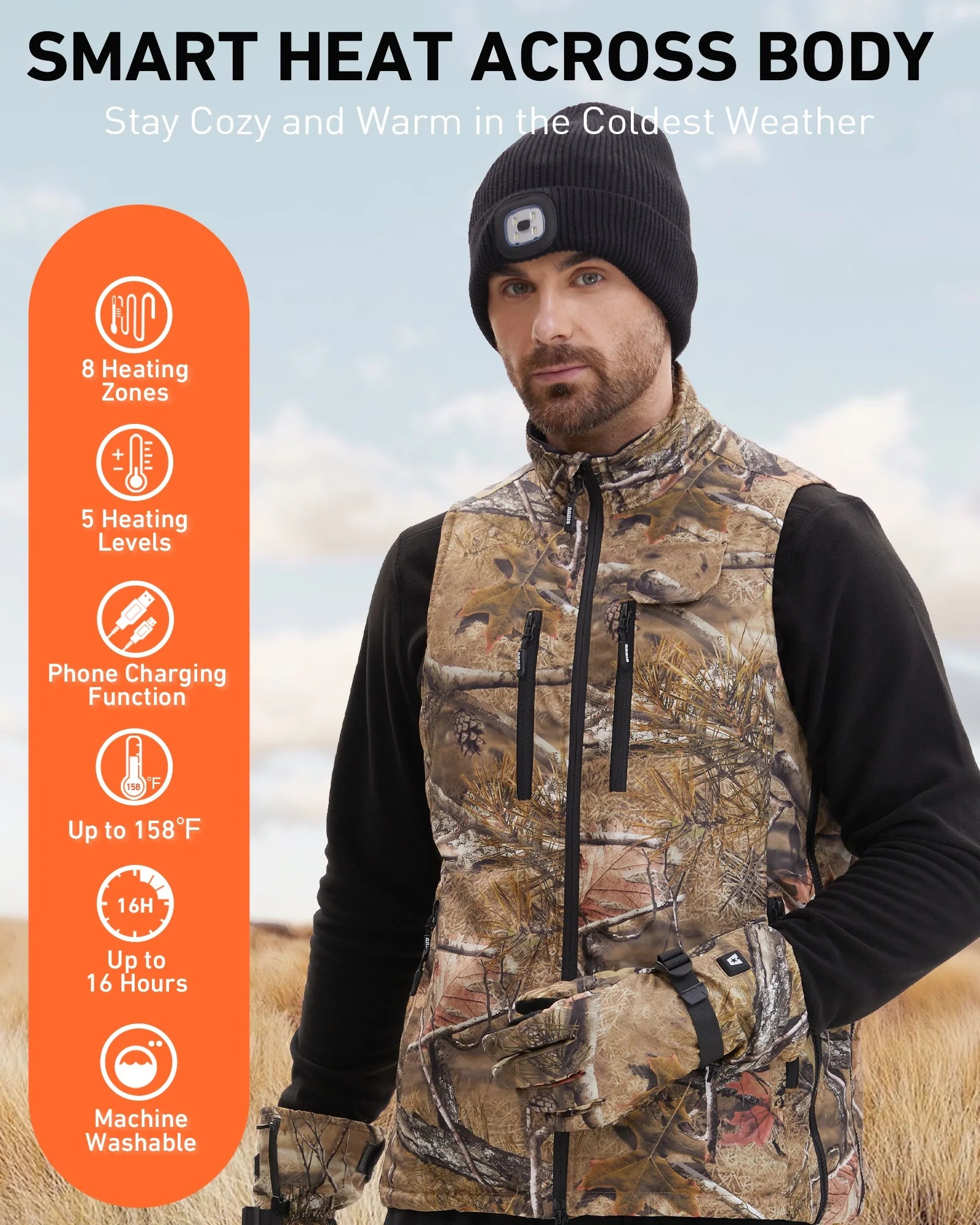Heated Hunting Vest for Men, Camo Electric Size Adjustable 7.4V Heating Vest with Battery for Hunting