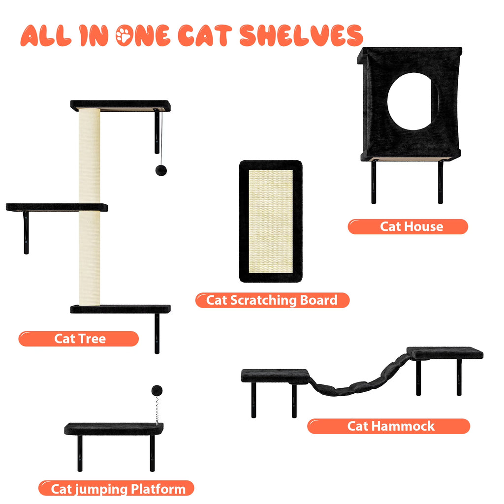 5Pc Cat Wall Shelves Set, Black Wall-Mounted Cat Climber with Bridge & Perch