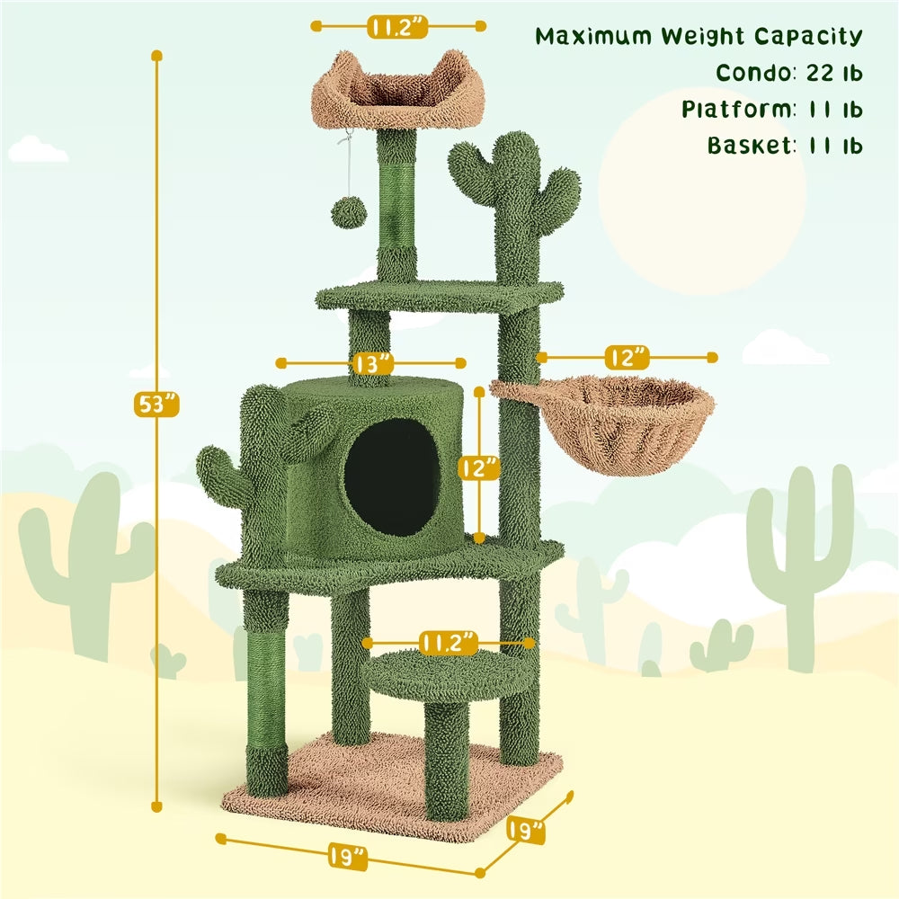53''H Cat Tree Furniture Natural Sisal Cat Tower for Small- to Medium-Sized Cats