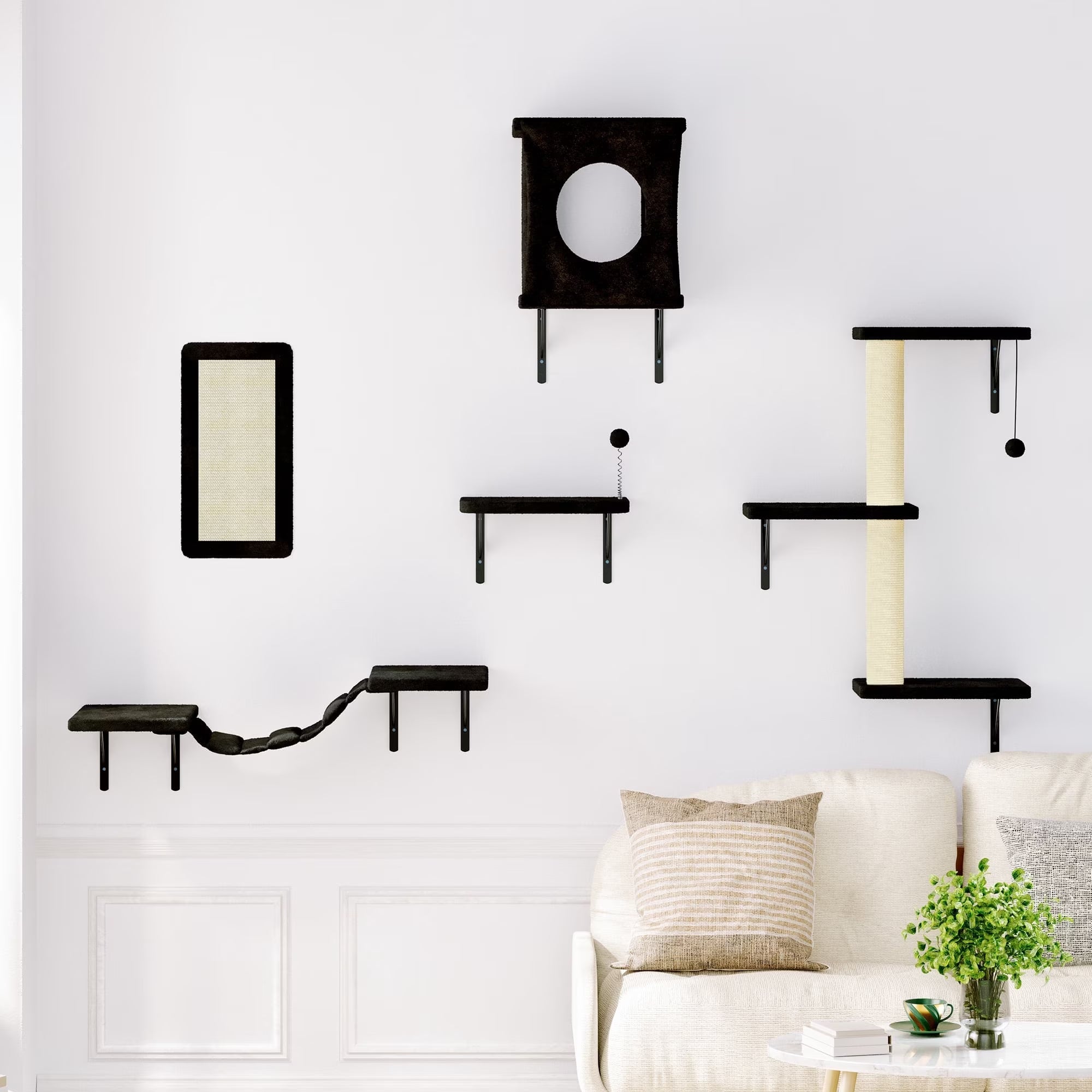 5Pc Cat Wall Shelves Set, Black Wall-Mounted Cat Climber with Bridge & Perch