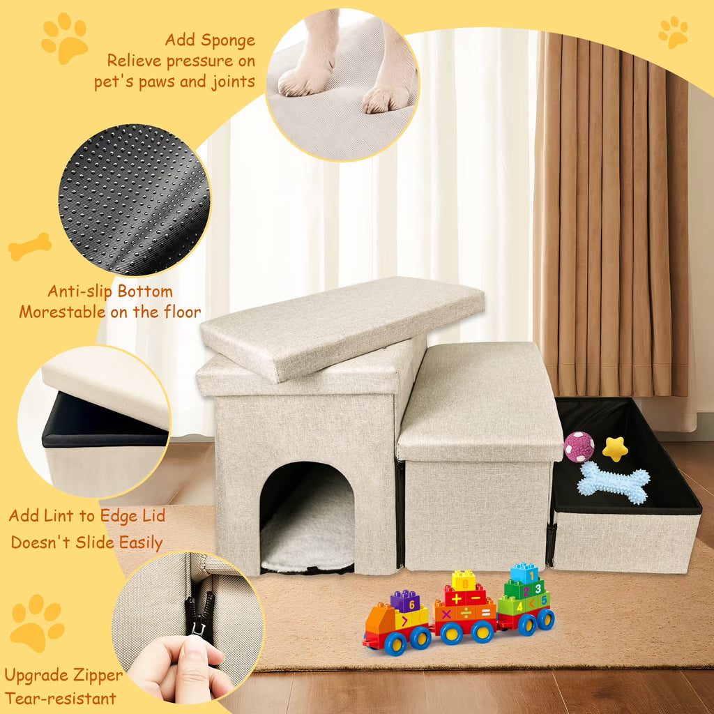 3 Step Dog Stairs with Storage for High Bed 17.5'' H, Foldable Pet Stair for Small Medium or Large Dogs