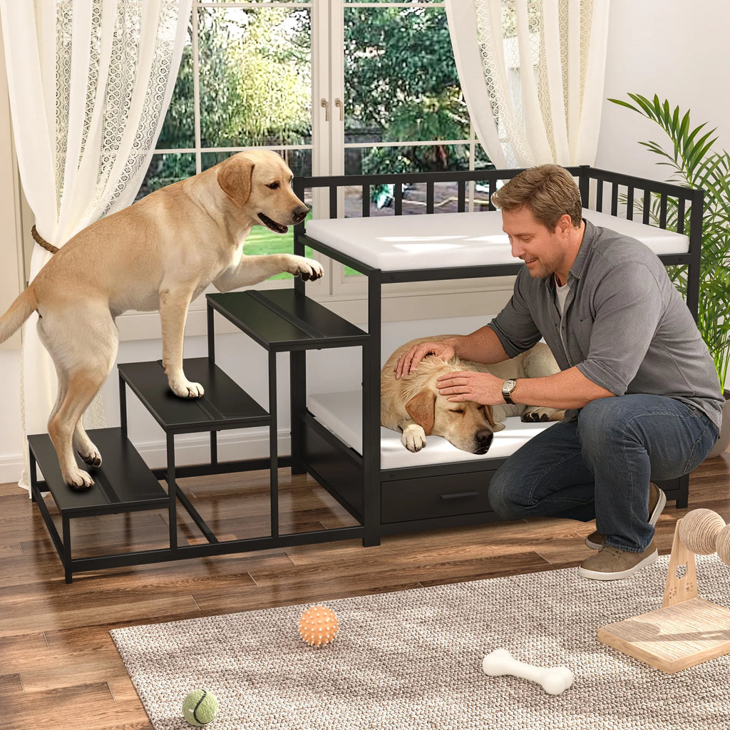 Dog Bunk Beds for Large Dogs, Dog Bedside Bed with Stairs & Storage, Space-Saving Indoor Pet Furniture