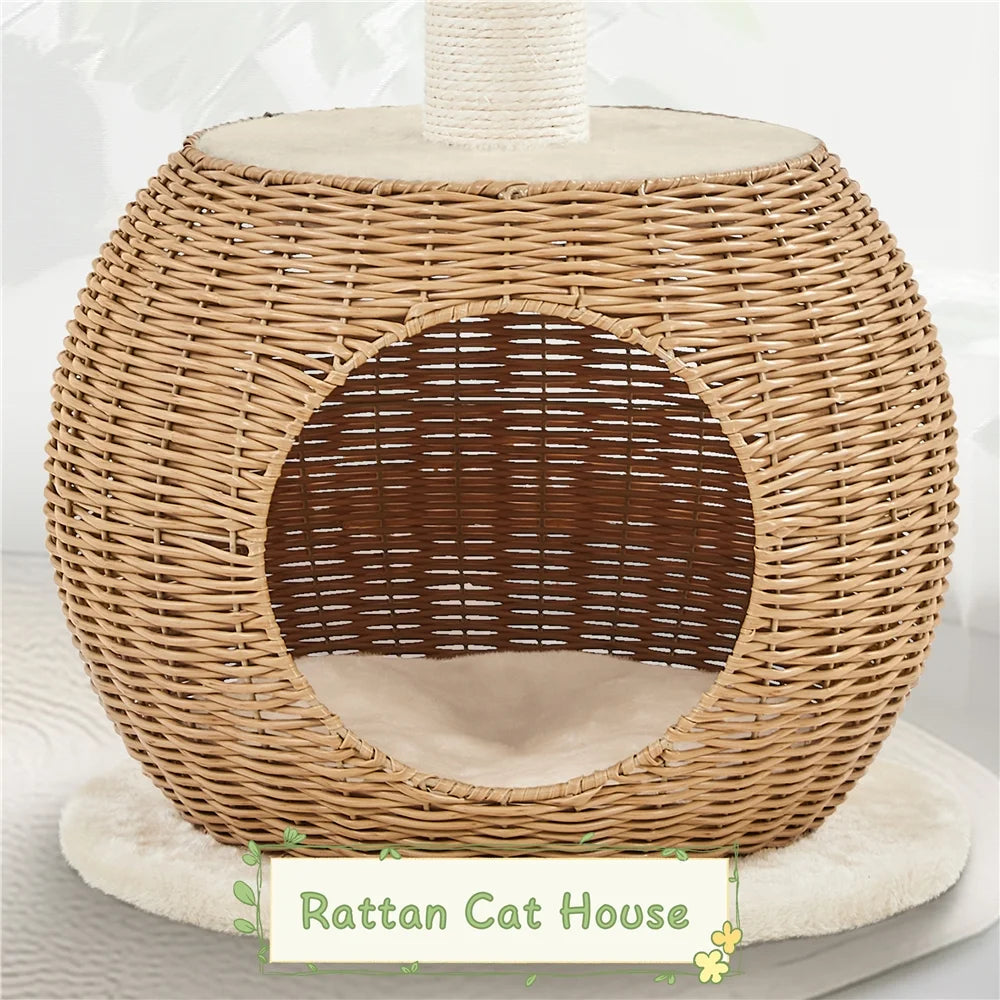 29.5" Tall Rattan Cat House with Scratching Post & Cushion