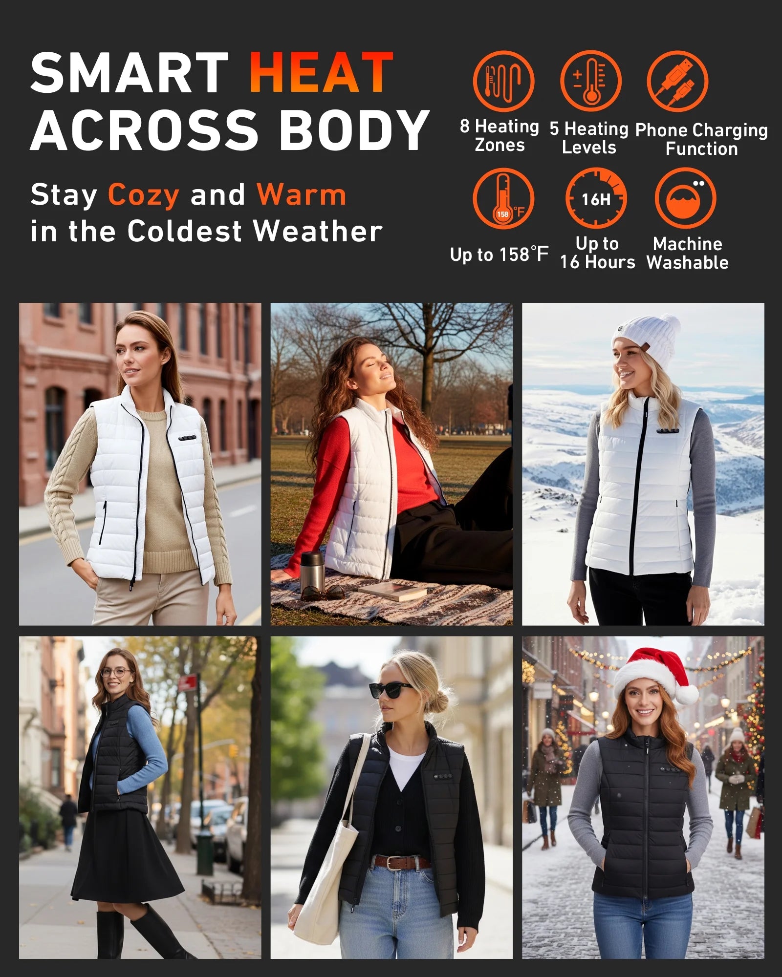 Women Heated Vest with 7.4V 7500Mah Battery Lightweight Puffer Size Adjustable Heating Vest up to 16 Hours-Black