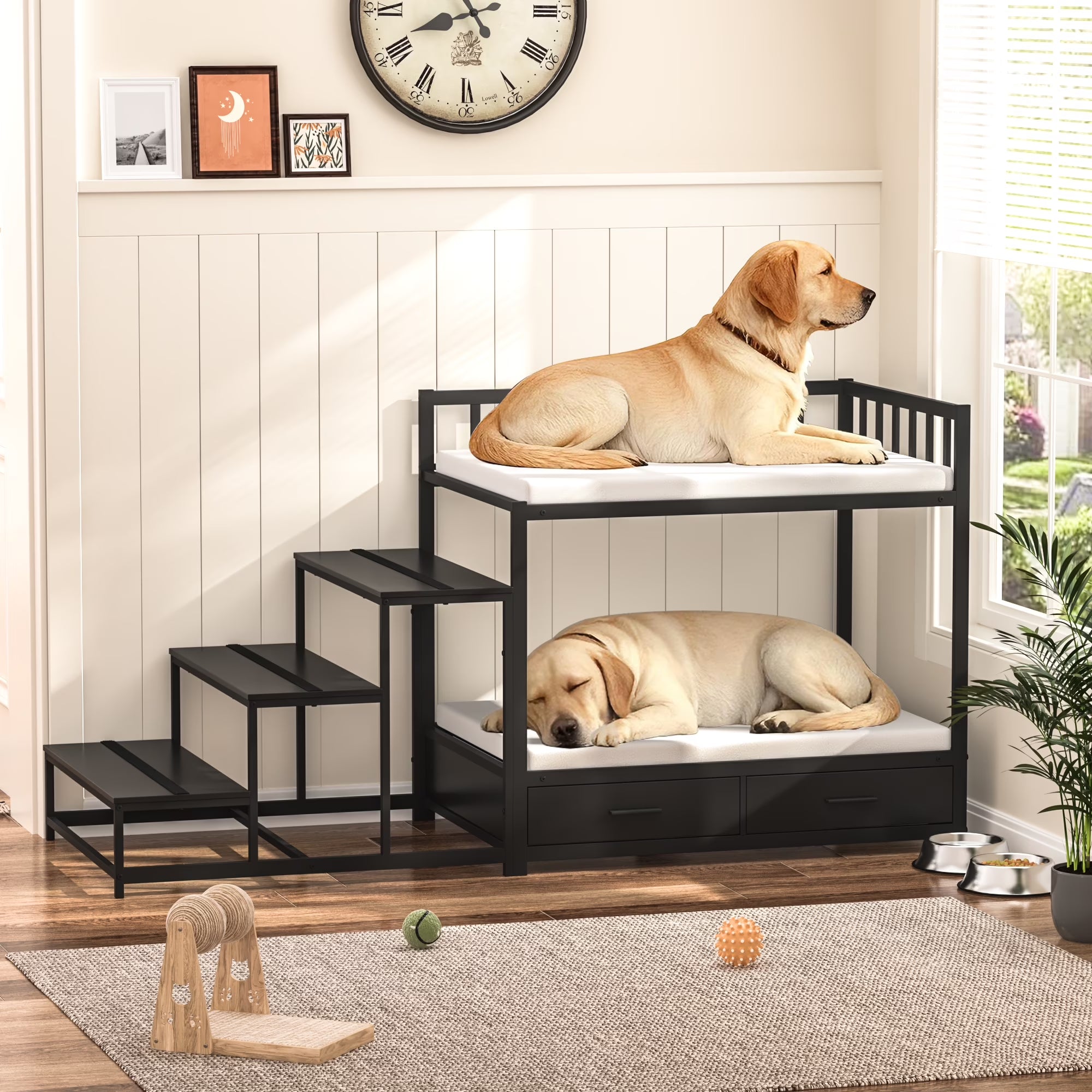 Dog Bunk Beds for Large Dogs, Dog Bedside Bed with Stairs & Storage, Space-Saving Indoor Pet Furniture