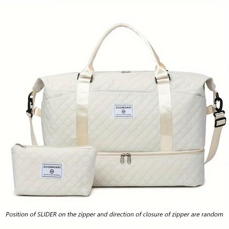 2Pcs Set Large Capacity Travel Duffel Bag with Shoe Compartment and Cosmetic Pouch, Casual Nylon Gym Bag, Weekend Overnight Bag